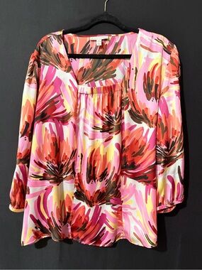 JM Collection Pink Floral Satin Blouse with Coral & Brown Accents